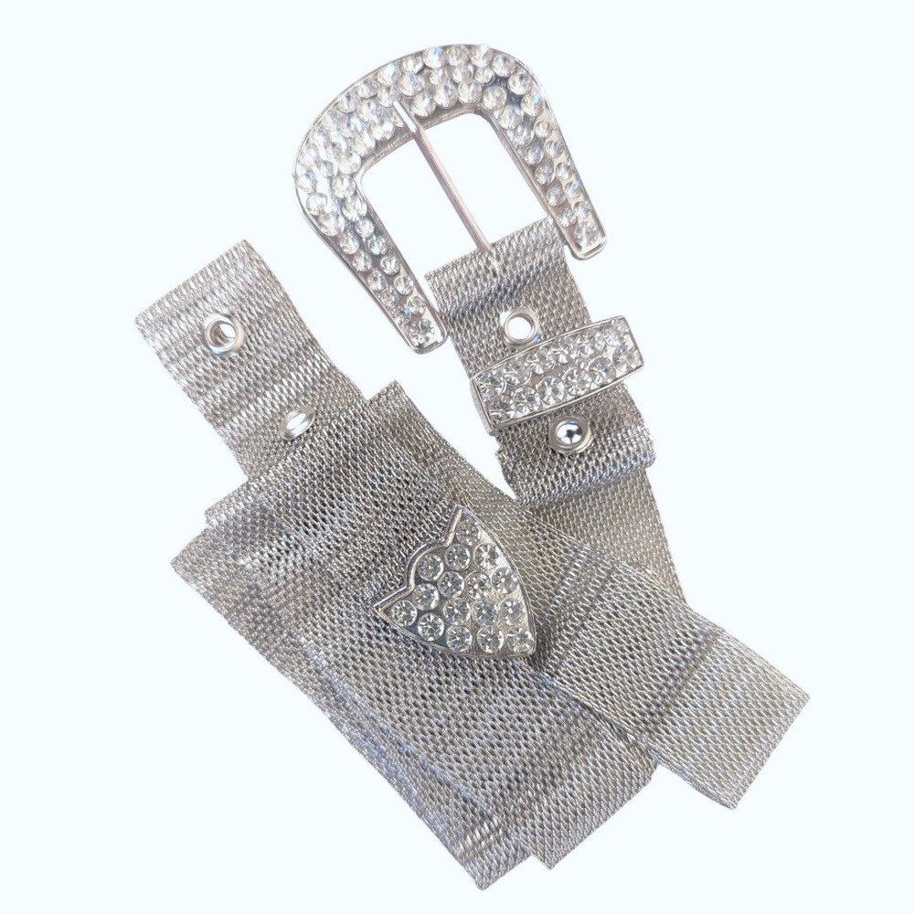 Vintage Y2K Silver Mesh Rhinestone Western Belt Cowgirl Glam Crystal Buckle